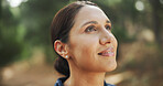 Hiking, thinking and woman with fitness, travel and thoughtful with reflection. Healthy person, outdoor and hiker with break, nature and countryside with wellness, daydreaming and explore with wonder