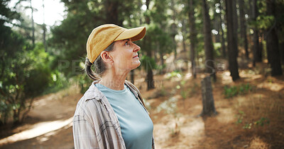 Buy stock photo Hiking, thinking and woman with fitness, travel and thoughtful with reflection. Mature person, outdoor and healthy hiker with weekend break, nature and countryside with wellness, journey and explore