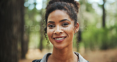 Buy stock photo Hiking, happy and portrait of woman in forest for exercise, fitness and trekking for wellness. Smile, travel and face of person in nature, trail and woods for journey, adventure and explore outdoor