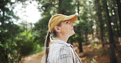 Buy stock photo Hiking, thinking and woman with fitness, woods and thoughtful with reflection. Mature person, outdoor and hiker with nature, explore and countryside with wellness, healthy and environment with break