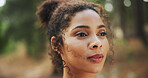 Hiking, thinking and woman with decision, travel and thoughtful with reflection, explore and wellness. Person, outdoor or hiker with weekend break, nature or countryside with health, wonder or choice