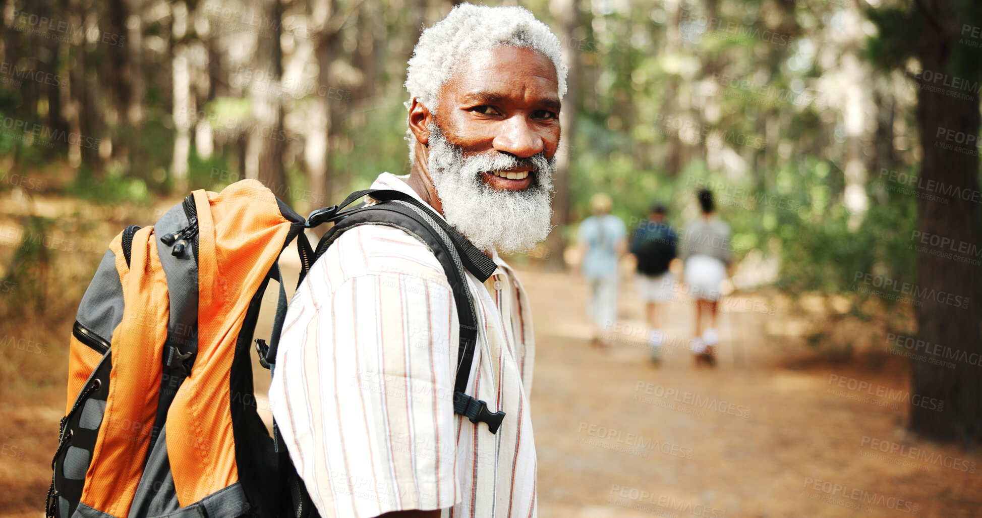 Buy stock photo Hiking, nature and portrait of mature man with backpack for exercise, fitness and walking for wellness. Happy, travel and person in forest and woods for trekking, adventure and journey outdoor