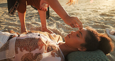 Buy stock photo Woman, crystal and healing with chakra at beach with homeopath, energy and therapy with rest on vacation. People, rocks and holistic care with mineral, balance and peace with zen on ground in summer