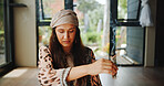 Cleansing, woman and sage with smoke, smudging and burning herb for purification or indigenous tradition. Chakra, spiritual and person with Salvia apiana for prayer, morning or ritual for inner peace