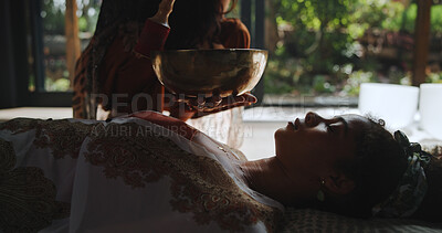 Buy stock photo Spiritual, ritual and woman with healer, hands and sound therapy for self awareness, healing and calm. Meditation, person and shaman with Tibetan bowl for mantra, holistic and chant for inner peace