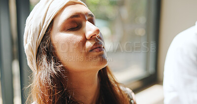 Buy stock photo Peace, face and woman with breathing meditation for calm mindset, zen and relax in group. Air, exhale and person with eyes closed in class for mindfulness, mental wellness or holistic self care