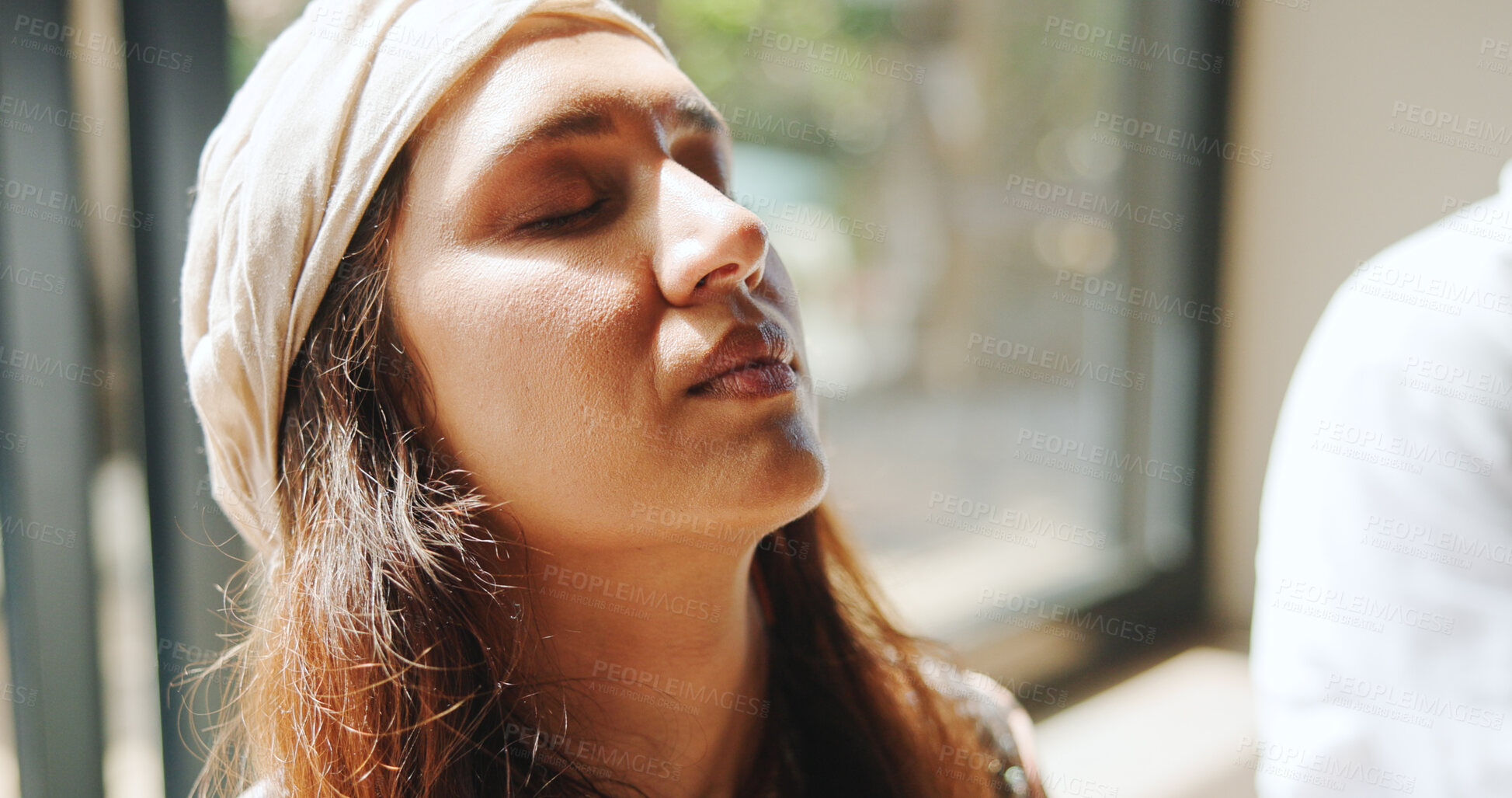 Buy stock photo Peace, face and woman with breathing meditation for calm mindset, zen and relax in group. Air, exhale and person with eyes closed in class for mindfulness, mental wellness or holistic self care