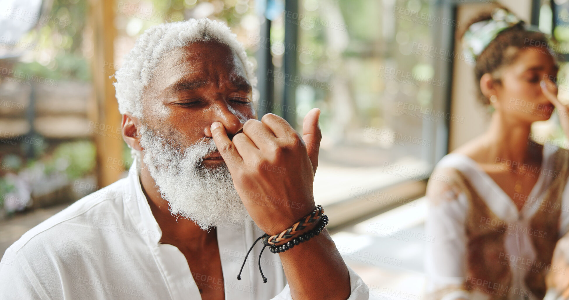 Buy stock photo Meditate, nose and man with alternate breathing for calm mindset, zen and inner peace with group. Nostril, exhale and mature person in class for mindfulness, mental wellness and holistic self care