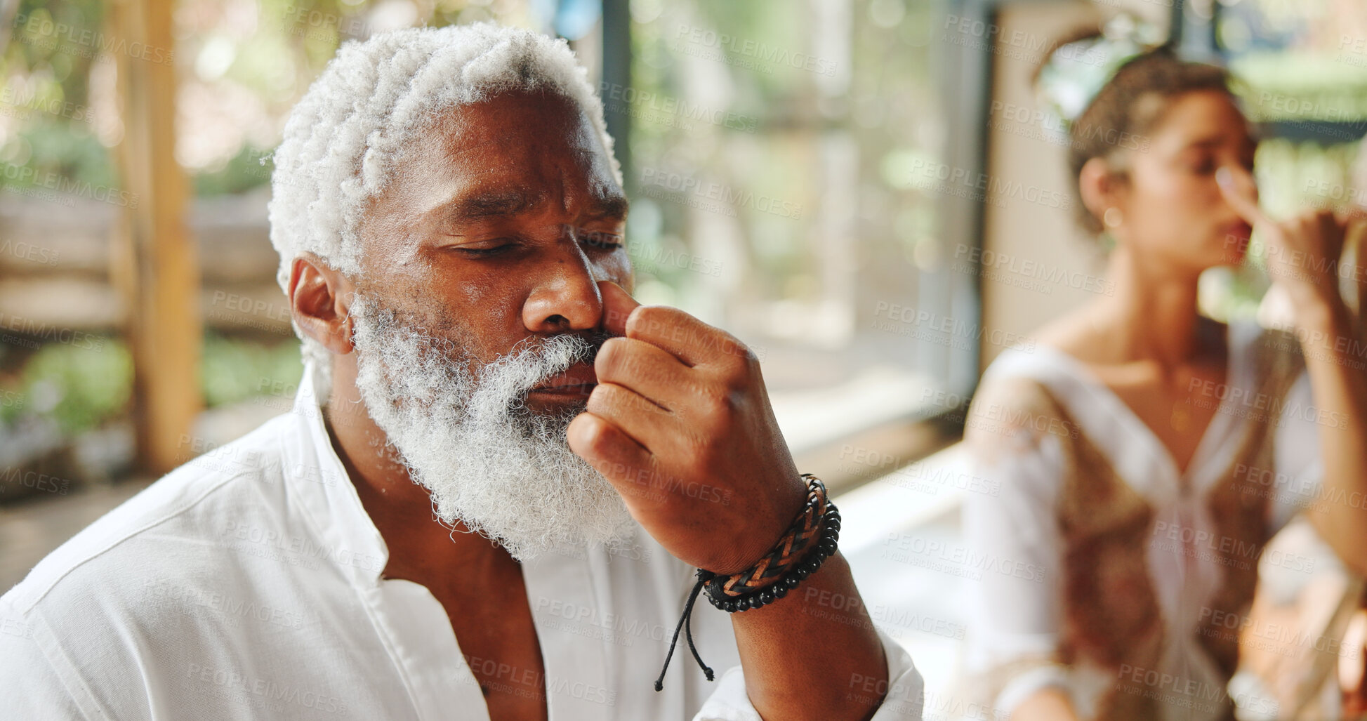Buy stock photo Alternate, nostril and man with breathing meditation for calm mindset, zen and inner peace with group. Nose, exhale and mature person in class for mindfulness, mental wellness and holistic self care