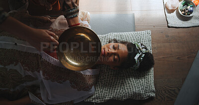 Buy stock photo Spiritual, healing and woman with healer, hands and ritual for self awareness, meditation and calm. Inner peace, chakra and zen with ceremony for soul, holistic and awakening of person with mantra