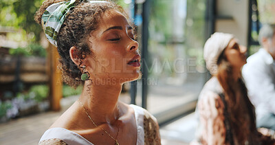 Buy stock photo Relax, face and woman with breathing meditation for calm mindset, zen and inner peace in group. Air, exhale and person with eyes closed in class for mindfulness, mental wellness or holistic self care