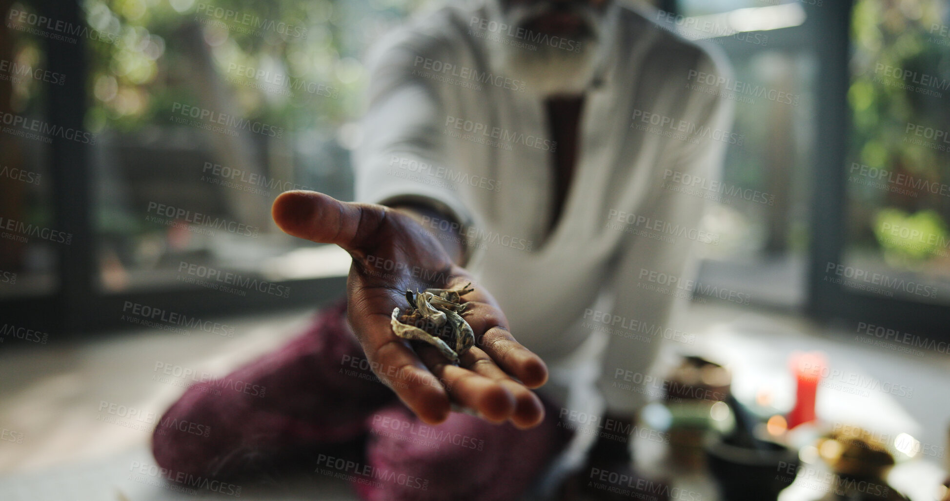 Buy stock photo Herbs, wellness and holistic with hands of man for spiritual offer, self care ritual or burning incense. Aromatherapy, mindfulness and healing ceremony with person closeup for aura cleanse pov