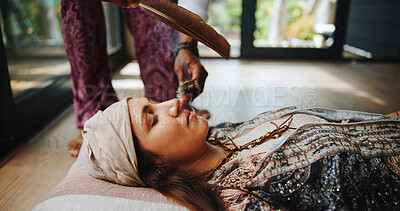 Buy stock photo Relax, sage and woman at guided meditation class for mindfulness, peace and calm practice. Zen, yoga nidra and female person at somatic healing session for wellness, cleansing or trauma release.