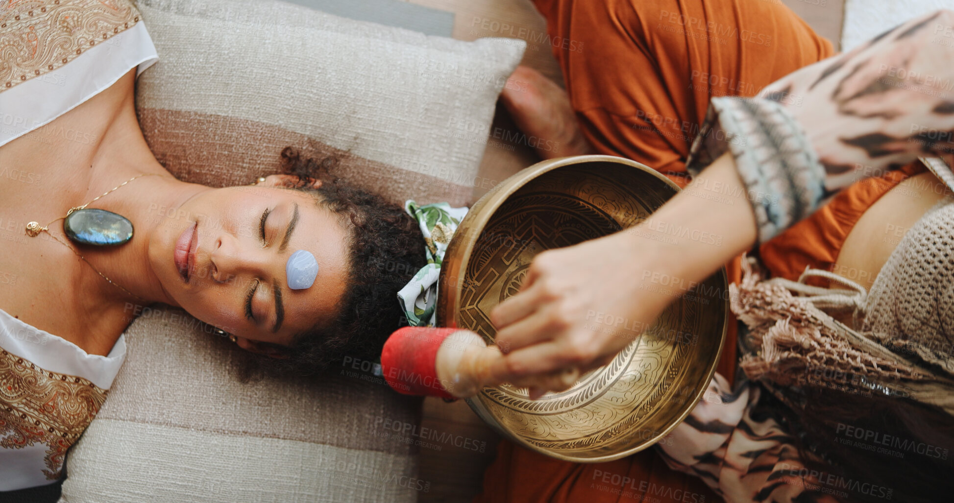 Buy stock photo Healing, gemstone and woman with healer, hands and meditation for self awareness, spiritual and calm. Inner peace, chakra and zen with ceremony for soul, holistic and awakening of person with mantra