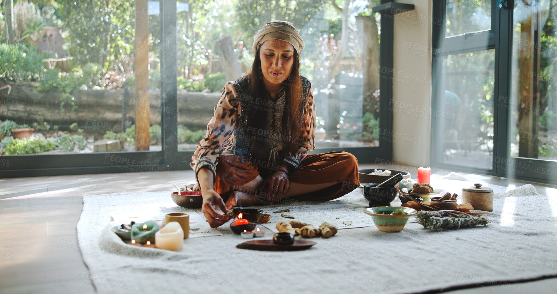 Buy stock photo Crystal, alternative medicine and woman on floor for spiritual meditation, holistic treatment and healing. Aromatherapy, incense and person with stones for balance, chakra and detox for wellness