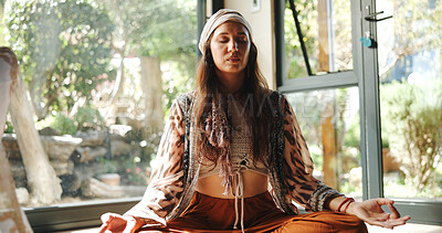 Buy stock photo Peace, lotus and woman with meditation for calm mindset, zen or relax in group breathing exercise. Posture, morning and people in class together for mindfulness, mental wellness or holistic self care