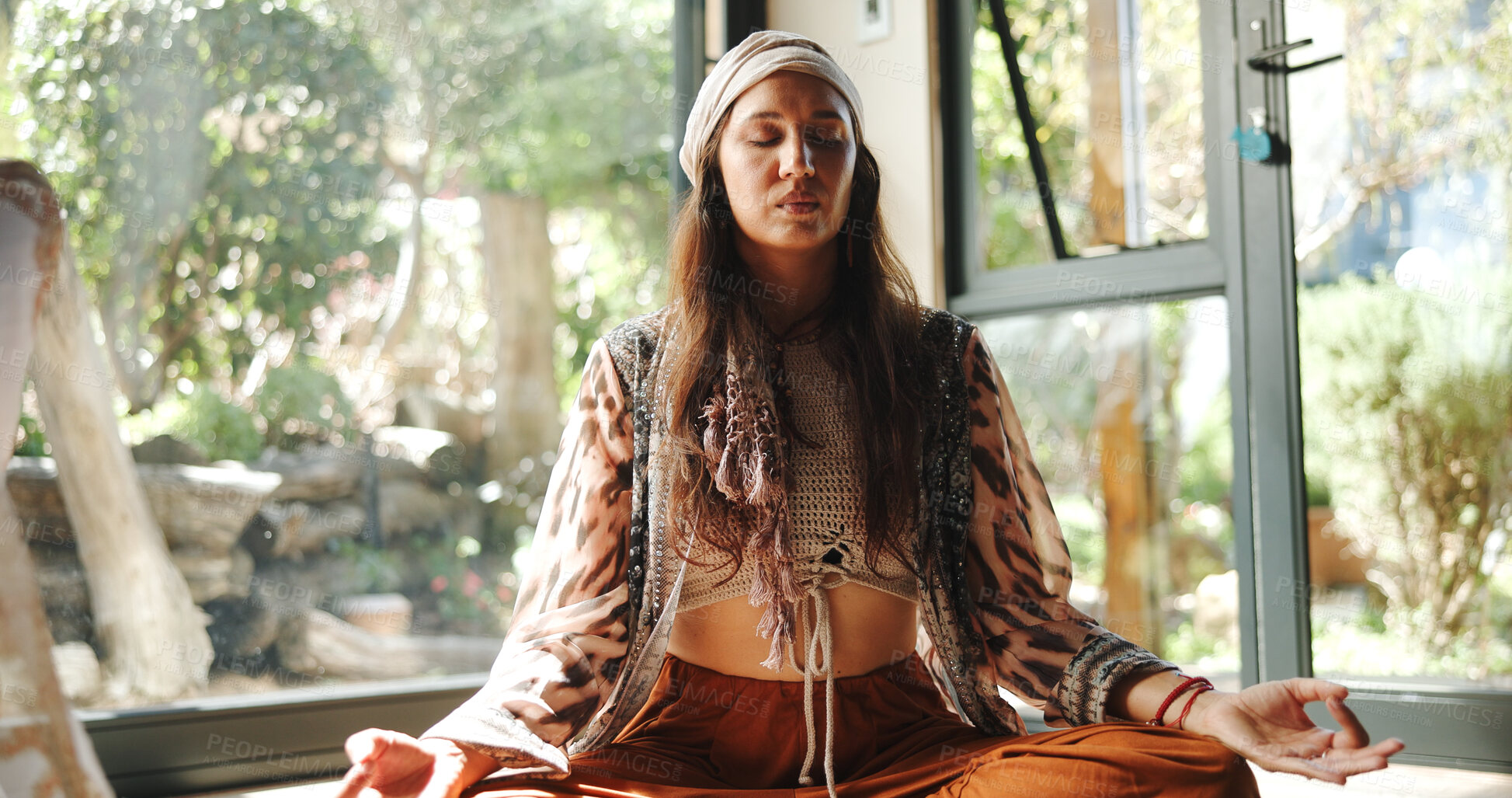 Buy stock photo Peace, lotus and woman with meditation for calm mindset, zen or relax in group breathing exercise. Posture, morning and people in class together for mindfulness, mental wellness or holistic self care