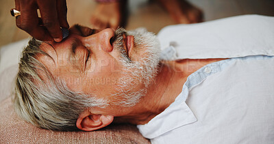 Buy stock photo Crystal, meditation and peace with man on floor for energy balance, healing ritual or spirituality. Third eye chakra, zen or holistic with senior person for aura cleanse, calm and wellness ceremony