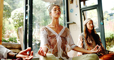 Buy stock photo Relax, lotus and woman with group meditation for calm mindset, zen or peace in breathing exercise. Posture, morning and people in class together for mindfulness, mental wellness or holistic self care