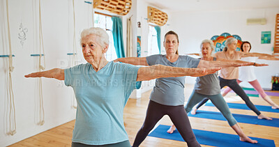 Buy stock photo Group, elderly people and stretching for yoga with zen, fitness exercise and spiritual wellness. Senior women, muscle warm up and pilates lesson, holistic practice and body balance at health club
