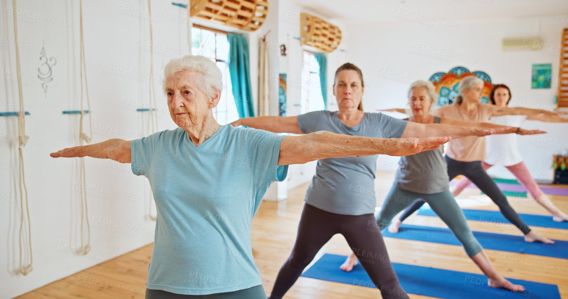 Buy stock photo Group, elderly people and stretching for yoga with zen, fitness exercise and spiritual wellness. Senior women, muscle warm up and pilates lesson, holistic practice and body balance at health club
