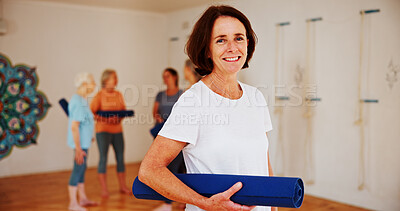 Buy stock photo Portrait, smile and yoga mat with woman in studio for exercise, fitness or wellness routine. Balance, health and pilates with happy mature person in class for awareness, mindfulness or inner peace