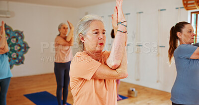 Buy stock photo Yoga class, elderly women and fitness with exercise, spiritual wellness and pilates with balance. Senior people, retirement and group in health club, calm and stretching with energy and warm up
