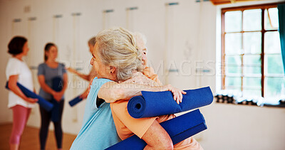 Buy stock photo Hug, old women and fitness in yoga class, support and balance with hobby, motivation and exercise. Pensioner, friends and elderly people in health club, embrace and retirement with care and greeting