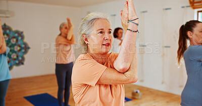 Buy stock photo Yoga class, old women and fitness with balance, spiritual wellness and pilates with energy. Elderly people, retirement or group in health club, stretching or warm up with routine, morning and calm