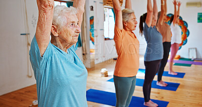 Buy stock photo Group, senior people and stretching for yoga for zen, fitness exercise and spiritual wellness. Elderly women, muscle warm up and pilates lesson, community and holistic for body balance at health club