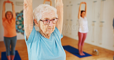 Buy stock photo Senior woman, yoga or stretching with class for holistic health, mindfulness or wellness. Elderly, female person or yogi with arms up in pilates for spiritual workout, exercise or fitness in studio