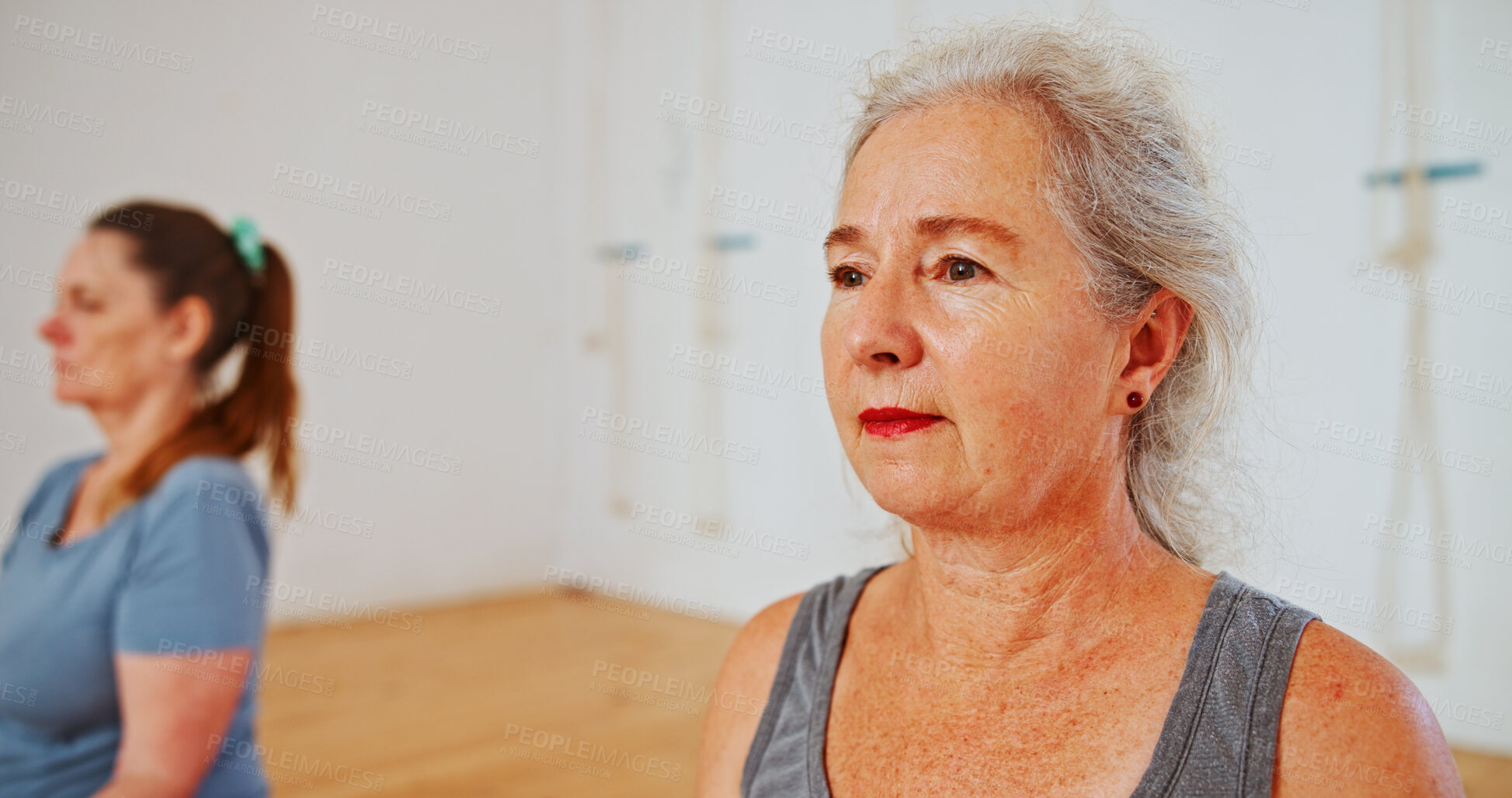 Buy stock photo Yoga, fitness and senior woman in class, workout and hobby with retirement, warm up and health. Pensioner, mature people and elderly person in studio, exercise and balance with wellness and break
