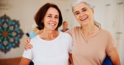 Buy stock photo Portrait, mature women and friends in yoga class for fitness, body health and embrace for support. Smile, people together and yogi in gym with holistic exercise for practice, pilates and wellness