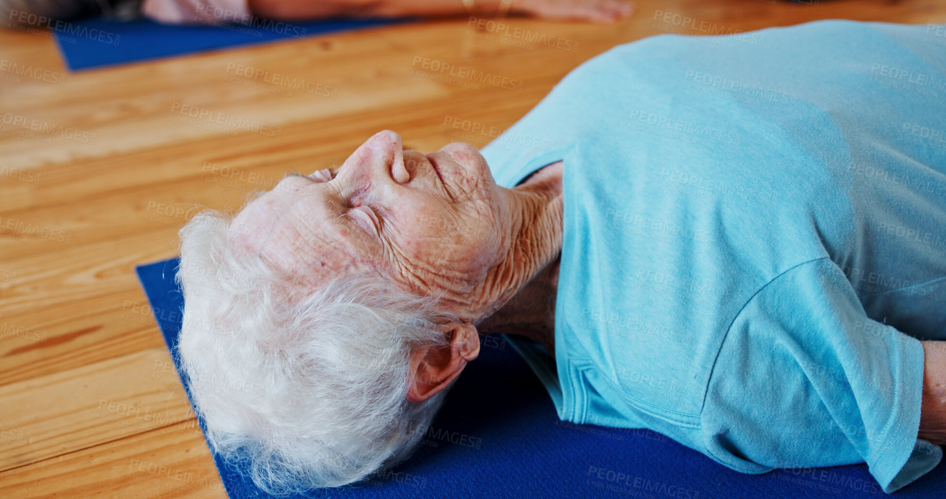 Buy stock photo Relax, meditation and senior woman in class for calm, wellness and mindfulness in retirement. Peace, health and elderly female person with breathing on yoga mat for holistic healing, zen or balance.