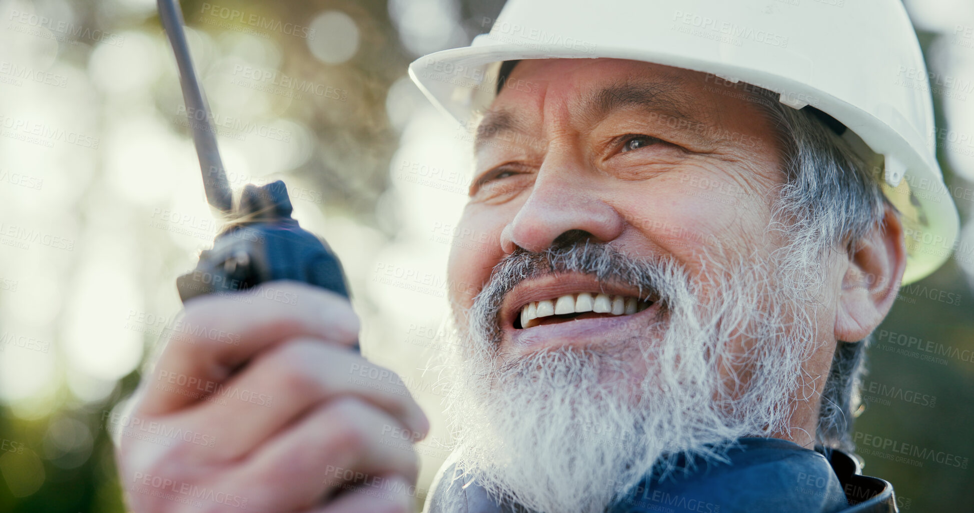 Buy stock photo Building, radio and smile with developer man outdoor on excavation site as construction worker. Communication, development and update with happy supervisor talking for architecture or engineering