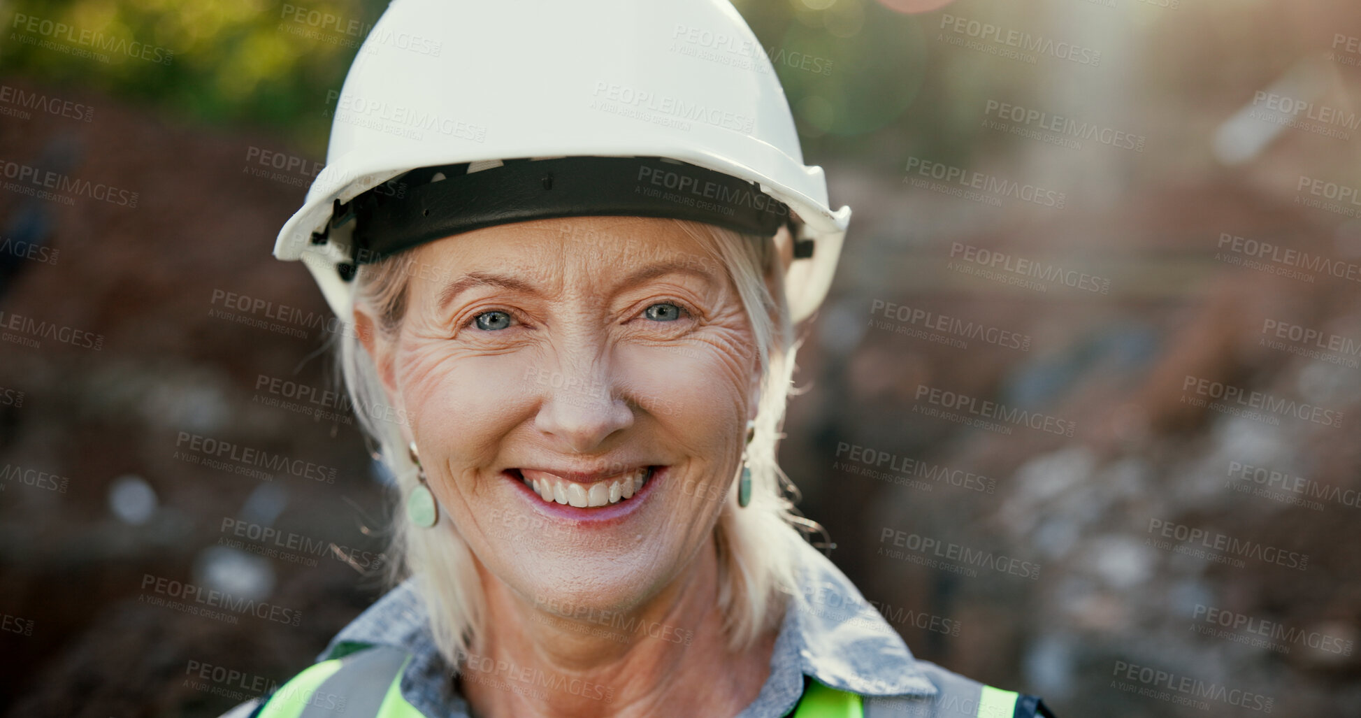 Buy stock photo Smile, woman and portrait of construction worker on site with confidence for repairs or building. Happy, pride and face of mature female foreman with engineering project development for maintenance.
