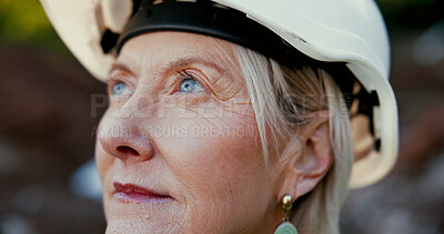Buy stock photo Thinking, mature woman and construction worker on site for planning repairs, renovation or building. Brainstorming, industry and female civil engineer with decision for compliance check for progress.