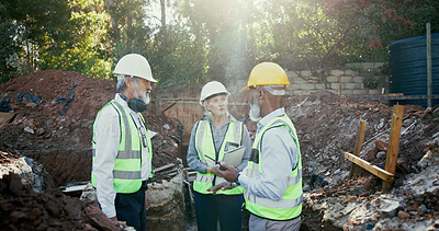 Buy stock photo Engineering, people and meeting on construction site with radio, discussion and update with tablet. Woman inspector, mature team and tech in worksite foundation with contact for project management