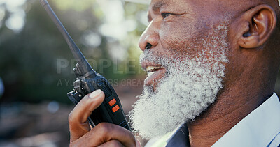 Buy stock photo Construction, excavation and radio with developer black man outdoor on site as building worker. Communication, project and update with supervisor talking for architecture, engineering or planning