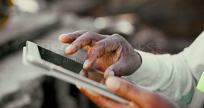 Buy stock photo Tablet, hands and construction worker on site for engineering update, email or contact. Digital technology, architecture and male foreman with progress report for building, repairs or maintenance.