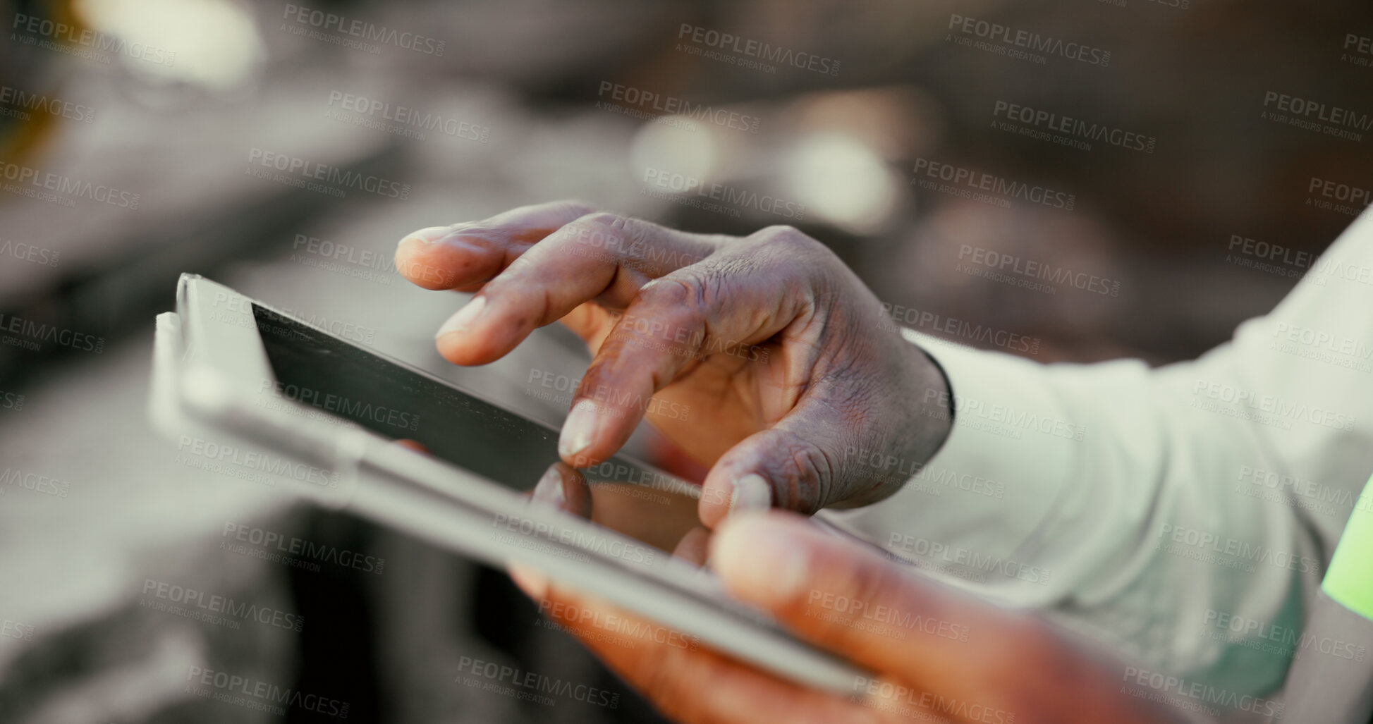 Buy stock photo Tablet, hands and construction worker on site for engineering update, email or contact. Digital technology, architecture and male foreman with progress report for building, repairs or maintenance.