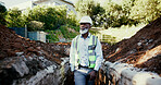 Thinking, black man and construction worker on site for planning repairs, renovation or building. Brainstorming, industry and African mature male civil engineer with decision for compliance check.