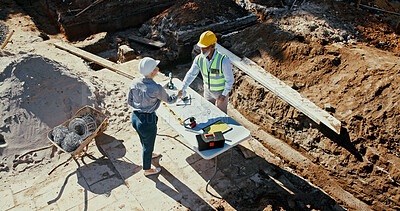 Buy stock photo Construction team, outdoor and engineer people shaking hands for partnership with foundation blueprint. Men, woman or above employees with deal for excavation, agreement or architecture handshake