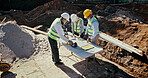 Above, people and team on construction site for planning, check blueprint and engineering collaboration. Architect group, building layout and outdoor in meeting for brainstorming, compliance and PPE