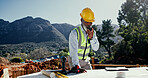 Radio, communication or black man with blueprint for engineering, check design and construction site. Mature architect, outdoor and talking on worksite for brainstorming, compliance and floor plan