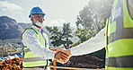 Construction worker, deal and handshake of engineer people outdoor for nature development. Mature man, mountain or partnership for excavation, contract or collaboration agreement while shaking hands