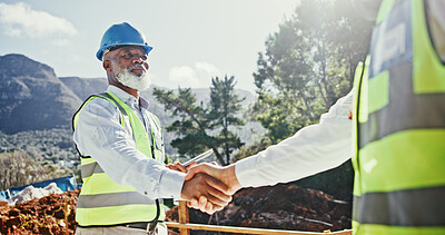 Buy stock photo Construction worker, deal and handshake of engineer people outdoor for nature development. Mature man, mountain or partnership for excavation, contract or collaboration agreement while shaking hands