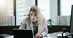 Tablet, worry and reading with business woman in office for final notice, account bankruptcy and digital report. Feedback, financial debt and audit penalty with person in agency for bad news