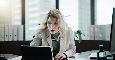 Buy stock photo Tablet, worry and reading with business woman in office for final notice, account bankruptcy and digital report. Feedback, financial debt and audit penalty with person in agency for bad news