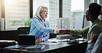 Business, woman and handshake with couple in consultation for welcome, insurance planning and advice. Financial advisor, people or shaking hands in office for compliance agreement or asset management